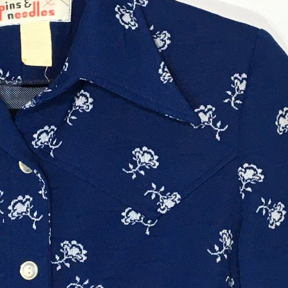 Vintage 70s Blue Button Front Jacket, Pointy Dagger Collar Western Style Floral - Picture 8 of 16